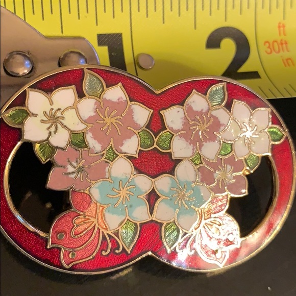 Beautiful red enamel scarf ring with butterflies flowers SCARF RING CLOISONNÉ 2” - Picture 3 of 6